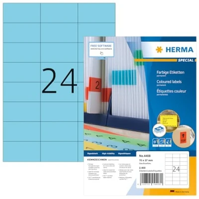 Abbildung von HERMA 4408 Farbige Etiketten blau, 100 Blatt, 70 x 37 mm, 24 pro A4 Bogen, 2400 Stück, selbstklebend, bedruckbar, matt, blanko Papier Farbetiketten Aufkleber