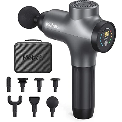 Abbildung von Mebak 3 Massagepistole Massage Gun Muskel Massagegerät 3200U/min 12MM Amplitude Elektrisches Handmassagegerät Faszien Tiefengewebe Tragbares für Nacken Rücken Körper mit 7 Köpfen 5 Stufen 2600mAh Akku