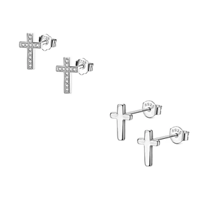 Abbildung von Bo Win 2 Paare Ohrringe Silber 925 Sterling Kreuz Damen Ohrstecker mit Cubic Zirkonia Herren für Mädchen Männer
