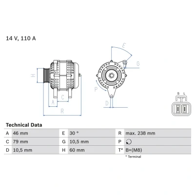 Abbildung von BOSCH 0 986 049 500 Lichtmaschine 14V 110A HYUNDAI: Terracan, KIA: CARNIVAL 2