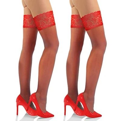 Abbildung von sesto senso Halterlose Strümpfe mit Spitze 2er Pack 15 DEN Feinstrümpfe Damen 3/4 M/L Rot