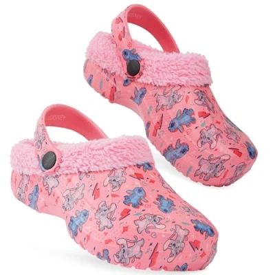 Abbildung von Disney Stitch Hausschuhe Kinder Mädchen Fleece gefütterte Clogs mit Rutschfester Sohle (Rosa Stitch/Angel, 28 29 EU)