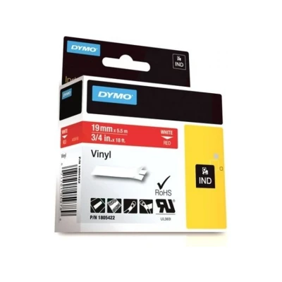 Abbildung von DYMO Rhino Industrie Vinyletiketten 19 mm x 5,5 m weiß auf rot selbstklebendes Schriftband für und LabelManager Beschriftungsgerät