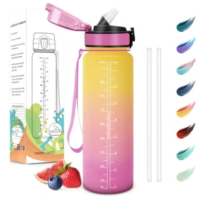 Abbildung von Motswedi Trinkflasche, 1L BPA Frei, Trinkflasche mit Strohhalm, Kohlensäure Geeignet,Trinkflasche Sport, Auslaufsicher, Wasserflasche, Sport für Yoga, Gym, Schule, Outdoors, Gelb Rosa