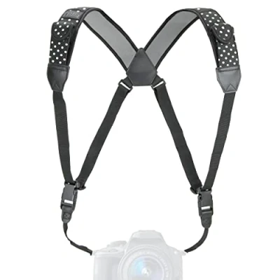 Abbildung von USA GEAR DSLR Kameragurt, Brustgurt mit Schnellverschluss Schnallen, Neopren Polka Dot Druck und Zubehörtaschen kompatibel Canon, Nikon, Sony Anderen spiegellosen Kameras