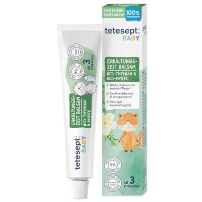 Abbildung von tetesept Baby Erkältungszeit Balsam Aromaöle Bio Thymian und Myrte für einen befreienden Duft Effekt Wohltuende, milde Aroma Pflege Babys ab 3 Monaten 30 ml