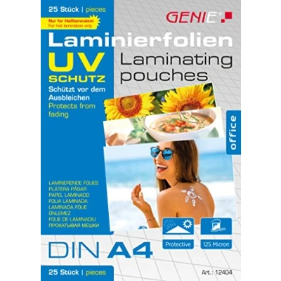 Abbildung von Genie Laminierfolien (DIN A4; mit UV Schutz; 125 Micron; beständig schützt vor Strahlung) 25er Pack