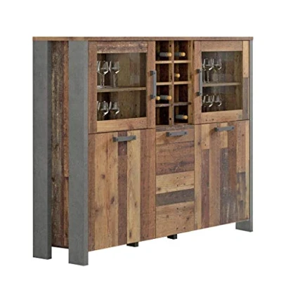 Abbildung von FORTE Clif Highboardvitrine mit 3 Türen unf 2 Glastüren, Holzwerkstoff, Old Wood Vintage/ Betonoptik Dunkelgrau, 151,3 x 125,4 41,5 cm