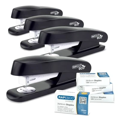 Abbildung von Rapesco 1756 Business Pack: 4 ECO Halbstreifenheftgerät und Schachteln mit Jeweils 1000 26/6mm Heftklammern, 20 Blatt Kapazität, Schwarz