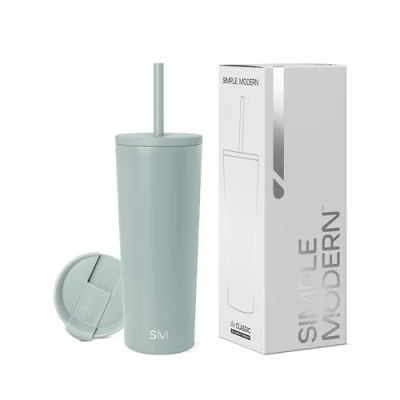 Abbildung von Simple Modern Isolierter Becher mit Strohhalm und Deckel EiskaffeeBecher Wiederverwendbare EdelstahlWasserflasche Thermobecher Classic Sammlung 710ml Sea Glass Sage