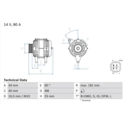 Abbildung von BOSCH 0 986 042 660 Lichtmaschine 14V 80A TOYOTA: Corolla Verso, Auris Hatchback, Avensis II Station Wagon