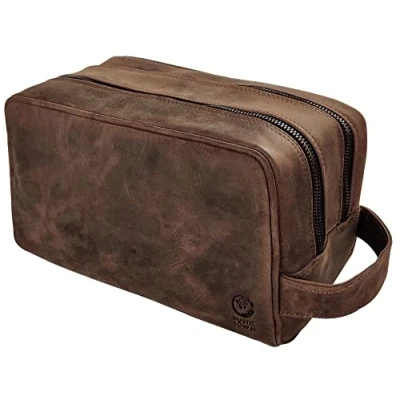 Abbildung von Rustic Town kulturtasche kulturbeutel Leder Leather Toiletry Bag wash Kosmetiktasche Waschtasche Reise Tasche für Herren und Damen (Dunkelbraun)