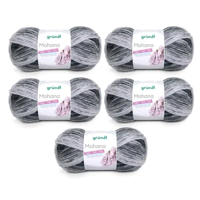 Abbildung von Gründl Wolle Mohanna Strick und Häkelgarn aus 90% Polyacryl, 10% Mohair, 5 x 100 g, dicke Wolle, grau anthrazit schwarz