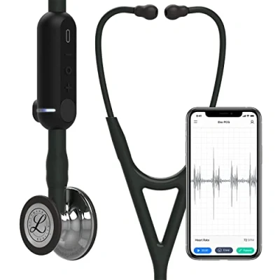 Abbildung von 3M Littmann CORE Digital Stethoskop, hochglanzpoliertes Bruststück, schwarzer Schlauch, Schauchanschluss und Ohrbügel, 69 cm, 8869
