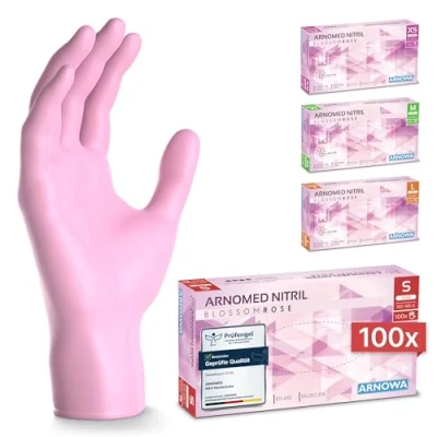 Abbildung von ARNOMED Einweghandschuhe Pink 100 Stück/Box, Einmalhandschuhe S, Nitrilhandschuhe, Handschuhe Einweg puderfrei, latexfreie Gummihandschuhe, in XS, M &amp; L verfügbar