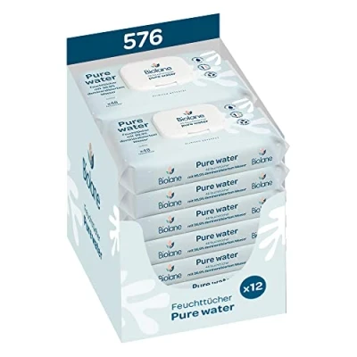 Abbildung von BIOLANE Baby Feuchttücher mit 99,9% Wasser Pure Water Packung 12 x 48 (576 Feuchttücher) Für empfindliche Haut Ab der Geburt Duftfrei Wechseln und Reinigungspflege