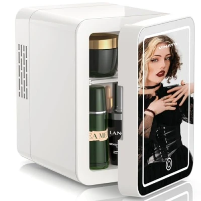 Abbildung von VINATO Mini Kühlschrank, Skincare mit LED Spiegel, Kleiner 4L, Tragbar, Thermoelektrisch, Heizung &amp; Kühler, 220 V AC/12 DC, für Auto, Büro, Outdoor