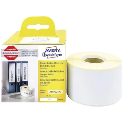 Abbildung von AVERY Zweckform AS0722470 Dymo LabelWriter Ordneretiketten schmal kompatibel zu S0722470 (38x190mm, 1 Rolle110 Rückenschilder, selbstklebend, absolut blickdicht, Etikettendrucker)