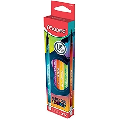 Abbildung von Maped 12 Graphit Bleistifte Black&#039;Peps Energy HB Radiergummi Schwarze verziert Positive und Inspirierende Botschaft Box mit Bleistiften 852001, mehrfarbig