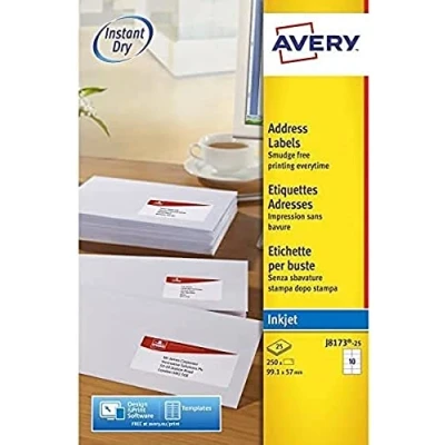 Abbildung von AVERY Zweckform J8173 25 Versandetiketten/Versandaufkleber (250 Etiketten, 99,1x57mm auf A4, bedruckbar, selbstklebend, für Inkjet Drucker, DIN B4/C4 Umschläge) Blatt, weiß