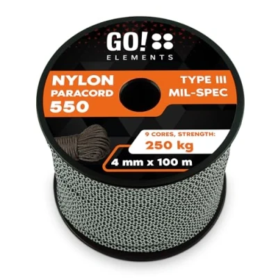 Abbildung von GO!elements 100m Paracord Seil aus reißfester Nylonschnur 4mm 550 Typ III Schnur Allzweckseil &amp; Reepschnur Max. 250kg, Farbe:Schwarz Weiß