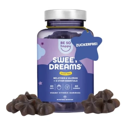 Abbildung von Melatonin Gummies 0,5mg für den Schlaf,120 Tage, Extra leckere mit Baldrian + Passionsblume Kamille Lavendel Vitamin B6, Blaubeergeschmack, 60 Gummibärchen, Vegan, BeSoHappy®
