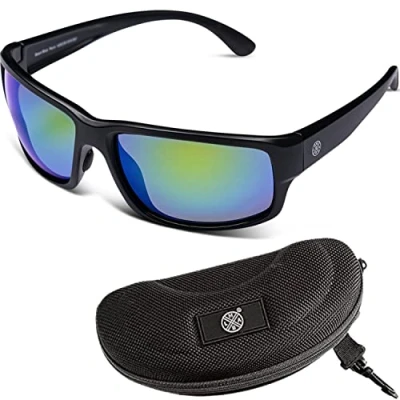 Abbildung von LMAB schwimmende Polbrille, Polarisationsbrille Angeln, Modell Iris, mit Etui und Tasche (Matte Black/Green Revo)
