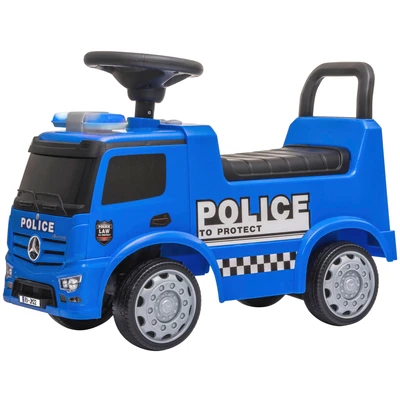 Abbildung von JAMARA 460475 Rutscher Mercedes Benz Antos Polizei ab 12 Monate, Sitzhöhe 280 mm, Kippschutz, Kofferraum unter der Sitzfläche, Schub und Haltegriff, LED Signallichter Sirene/Hupe, blau