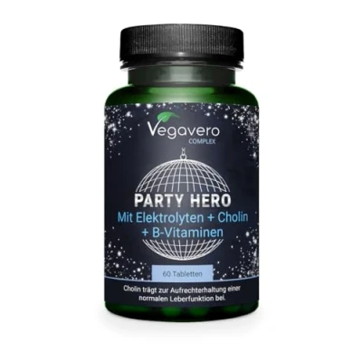 Abbildung von Party Hero Hangover Kit 60 Tabletten 14 natürliche Inhaltsstoffe Elektrolyte, Vitamine, Cholin und Kudzu Vegan Vegavero®