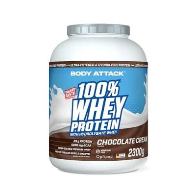 Abbildung von Body Attack 100% WHEY PROTEIN Chocolate 2,3 kg Made in Germany Extra cremiges Eiweißpulver mit Hydrolysat &amp; BCAA&#039;s, unterstützt Muskelaufbau und Diäten
