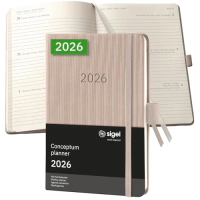 Abbildung von SIGEL C2661 Wochenplaner Wochenkalender 2026, ca. A6, taupe, Hardcover, 176 Seiten, Gummiband, Stiftschlaufe, Archivtasche, aus nachhaltigem Papier, Kalenderbuch Conceptum