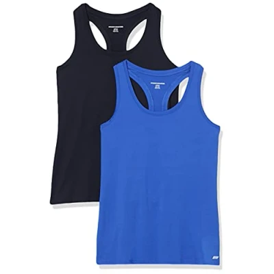 Abbildung von Amazon Essentials Damen Active Quick Dry Tech Stretch Racerback Tanktop (in Übergröße erhältlich), 2er Pack, Kräftiges Blau/Schwarz, XL