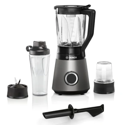 Abbildung von Bosch Standmixer VitaPower Serie 4 MMB6177S, Edelstahl Klingen Made in Germany, 1,5l ThermoSafe Glasbehälter, 0,6l To Go Flasche, Stopfer, Universalzerkleinerer, 30,000 U/min, 1200 W, silber