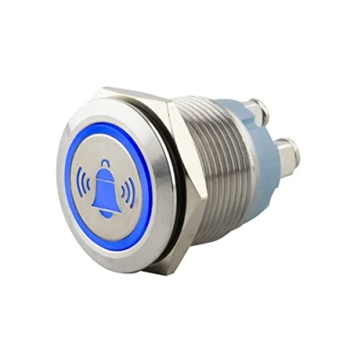 Abbildung von SeKi 19196 Edelstahl Drucktaster Ø19mm tastend flacher Kopfform farbig beleuchtetem Glocken Symbol in blau Schraubanschluss; Klingeltaster