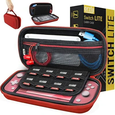 Abbildung von Orzly Tragetasche kompatibel mit Nintendo Switch Lite (2019) Aufbewahrungstasche Hartschalen Case/Hülle/Schutzhülle für die Verwendung der Konsole &amp; Accesoires ROT