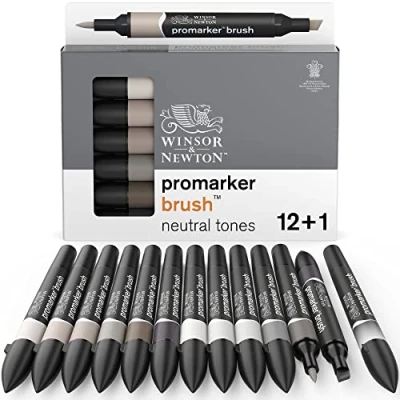 Abbildung von Winsor &amp; Newton 0290144 ProMarker Brush für Zeichnungen, Kalligraphie, Design und Layouts, streifenfreies Zeichnen mit Keil Pinselspitze) 13 Farben Set Neutrale Töne