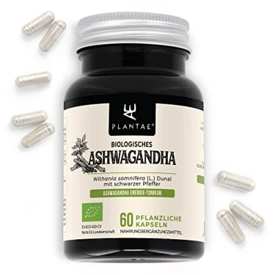 Abbildung von ASHWAGANDHA BIO KSM 66® * Plantae® 60 pflanzliche Kapseln 5% Withanolide und schwarzer Pfeffer Adaptogen + Schlaf Gegen Stress Energie