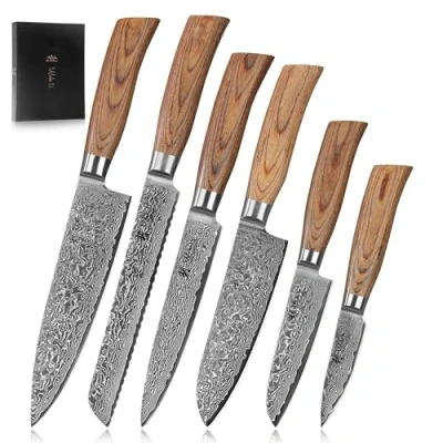 Abbildung von Wakoli EDIB Pro Premium 6er Damastmesser Set mit 8 20 cm Klingen gefertigt aus 67 Lagen echtem Damaststahl Pakkaholzgriff und Holzbox I Küchenmesserset Profi Kochmesser