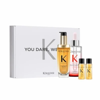 Abbildung von Kérastase Pflegeset mit Elixir Ultime Huile Originale Haaröl (75 ml), Genesis Sérum Anti Chute Haarkur (90 ml) und zweimal in Reisegröße (15 gratis