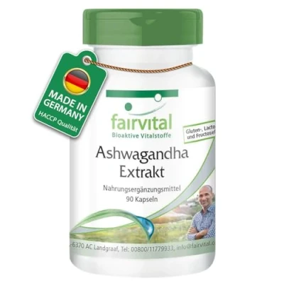 Abbildung von Fairvital Ashwagandha Kapseln 90 HOCHDOSIERT 1000mg Extrakt 12:1 pro Tagesdosis 5% Withanolide VEGAN Withania Somnifera