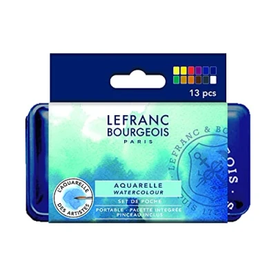 Abbildung von Lefranc &amp; Bourgeois 301445 Fine Aquarellfarbe im Metallkasten 12 lebendige Farben in 1/2 Näpfe, 1 Mini Metallpinsel
