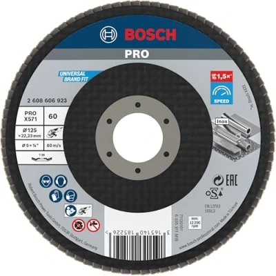 Abbildung von Bosch 1x PRO Metal X571 Flap Disc Angled Version Fiber for Small Angle Grinders (for steel, Stainless Ø 125 mm, Grit 60, Professional Accessory Grinder)
