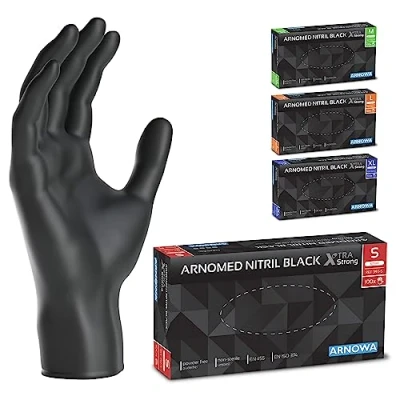 Abbildung von ARNOMED Einweghandschuhe Schwarz Extra Stark, Einmalhandschuhe S, 50% dickere Nitrilhandschuhe, 100 Stk./Box, Handschuhe Einweg puderfrei, latexfreie Gummihandschuhe, in M, L &amp; XL