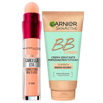Abbildung von Garnier Skinactive BB Cream feuchtigkeitsspendende Gesichtscreme Perfektionator All in 1 SPF25 Mittel und Pflegetöne + Altersentferner, Mehrzweckflüssigkeit, Farbe 07 Sand mit Schwammapplikator