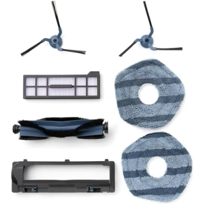 Abbildung von Ersatzteilset für eufy X10 Pro Omni Saugroboter, 1x Rollbürste mit Borsten und Gummi, Bürstenschutz, 2x Seitenbürsten, waschbarer Filter Wischtücher