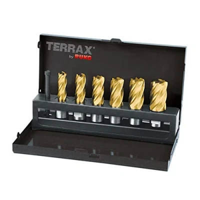 Abbildung von TERRAX Kernbohrer Satz HSS TiN mit Weldonschaft (3/4&quot;), CBN geschliffen, in Industriekassette, Titan Nitrid Beschichtung, Auswerferstift, 7 teilig