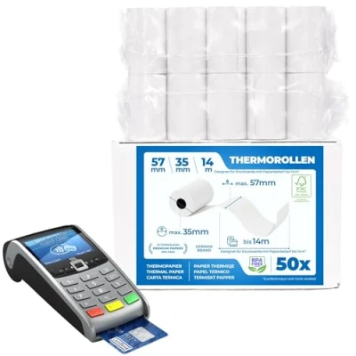 Abbildung von Thermal King EC Cash Thermopapierrollen, Breite 57 mm, Durchmesser 35 Hülsendurchmesser 12 Länge 25 m, ideal für Quittungen, elektronische Zahlungsterminals und mehr, 50