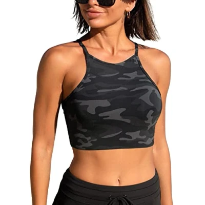 Abbildung von CRZ YOGA Damen Bikinitops Stehkragen Bikini Sport BH Racerback Gepolstert Bikinioberteil Sexy Oberteil Dschungeltarnung Grau 40