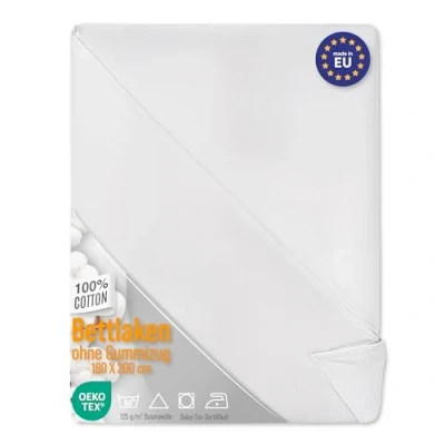 Abbildung von Bettlaken ohne Gummizug Baumwolle 180 x 220 cm Bed Sheets Betttuch Gummi und Laken Bedsheets Baumwollstoff weiß Kochfest mit Oeko Tex Zertifikat