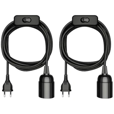 Abbildung von ledscom.de 2 Stück Textilkabel LEHA, Stecker, Schalter, schwarz, 3 m, Lampen Fassung, 1x E27 max. 60W